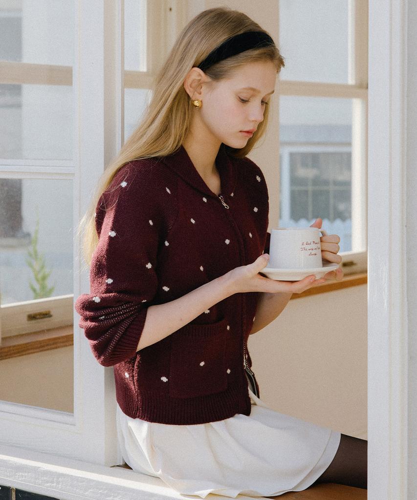 LETTER FROM MOON Dot Alpaca Wool Knit Zip-Up (Burgundy)