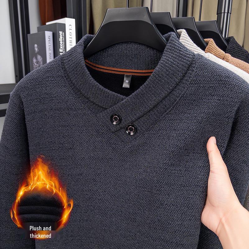 Men s Thick V-Neck Sweater with Ferret Fur Collar, Fleece-Lined, Autumn/Winter Base Layer. XXXL
