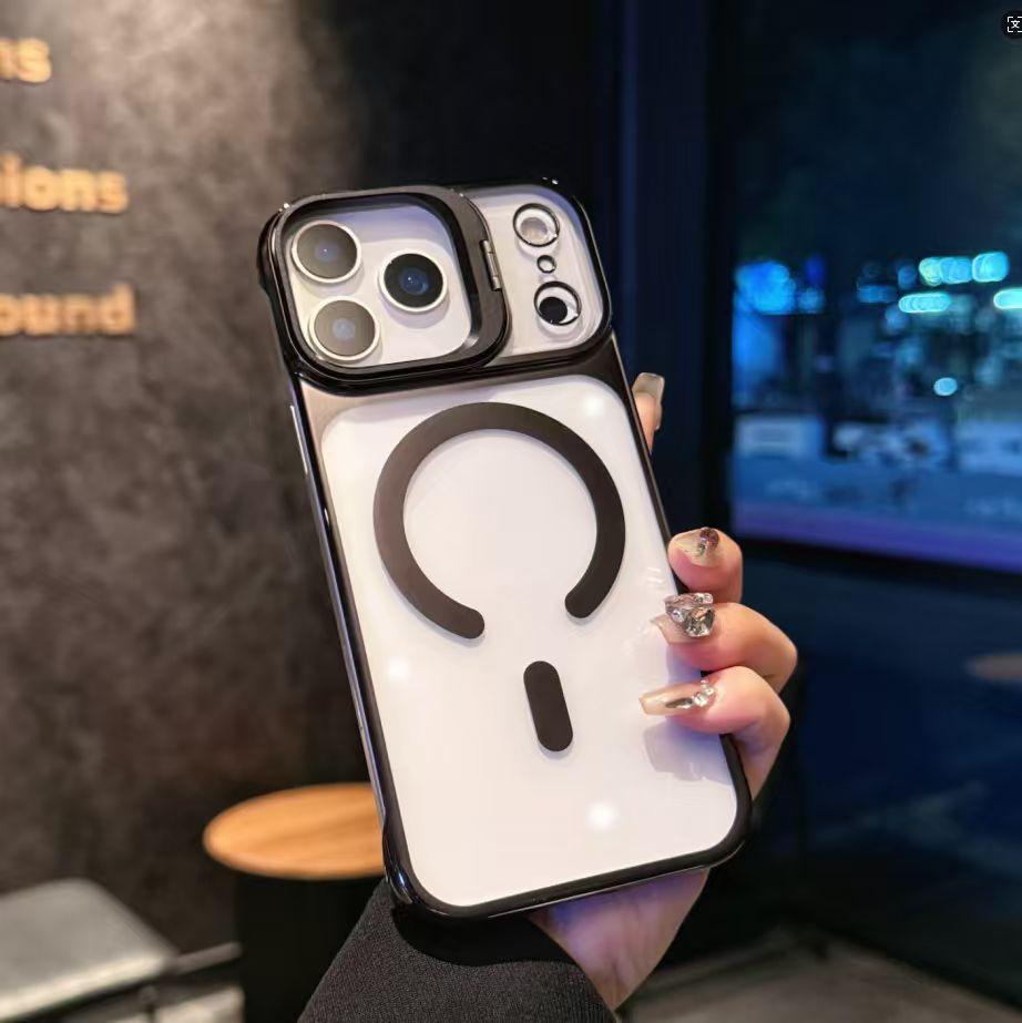 

New Metal Stand Lens Protection Clear Magsafe Phone Case For iPhone 17 17 Air 17Pro 17 Pro Max Magnetic Wireless Charge Cover iPhone17 Pro чорний