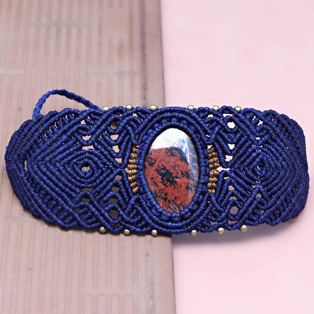Bracelet Macrame Mahogany Obsidian Jewelry Thread 7-9'' Adjustable Fashion