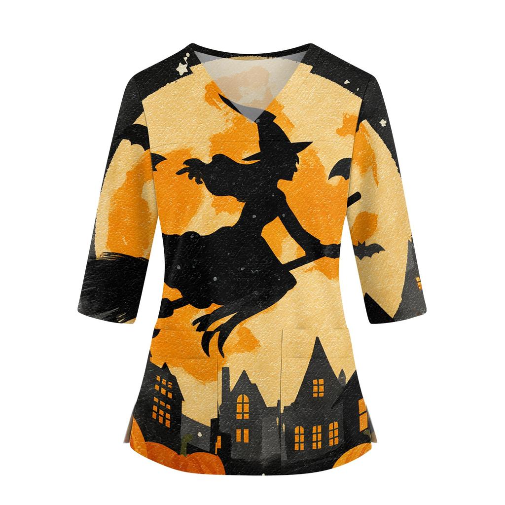 Top da Donna con Stampa di Halloween Scollo a V Manica a Tre Quarti con Tasche Spacchi Laterali Camicia da Costume