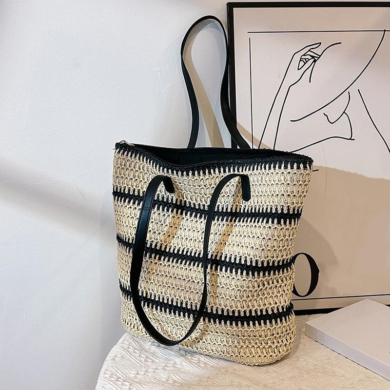 Designer Striped Straw Shoulder Bag Female Fashion Large Capacity Shopping Women's Handbags Summer Leisure Beach Tote Bag