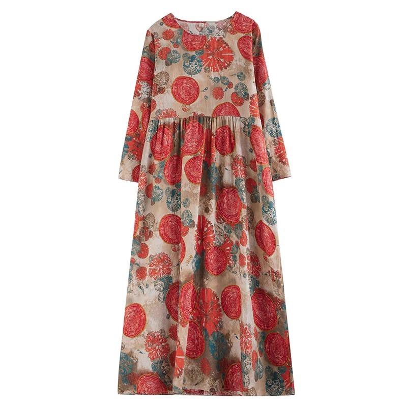 Johnature Print O-Neck Vintage Retro Dress Woman Spring Niche Long Sleeves Personality Loose Dress