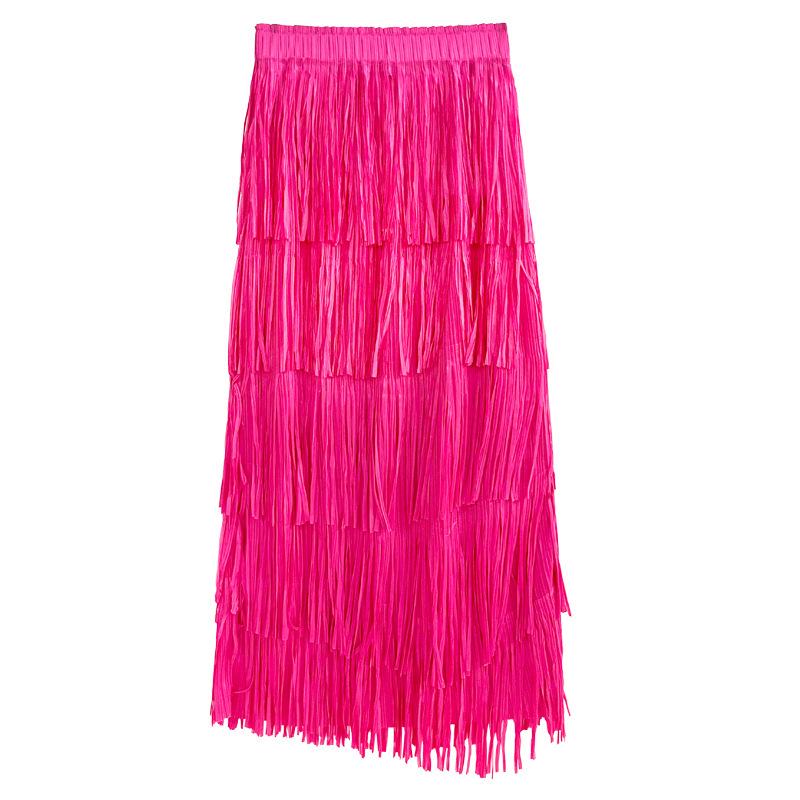 

Pleated Tassel Midi Skirt: Women s High-Waisted Slimming Spring/Summer Fashion, Bodycon Elastic Design One Size рожевий червоний колір