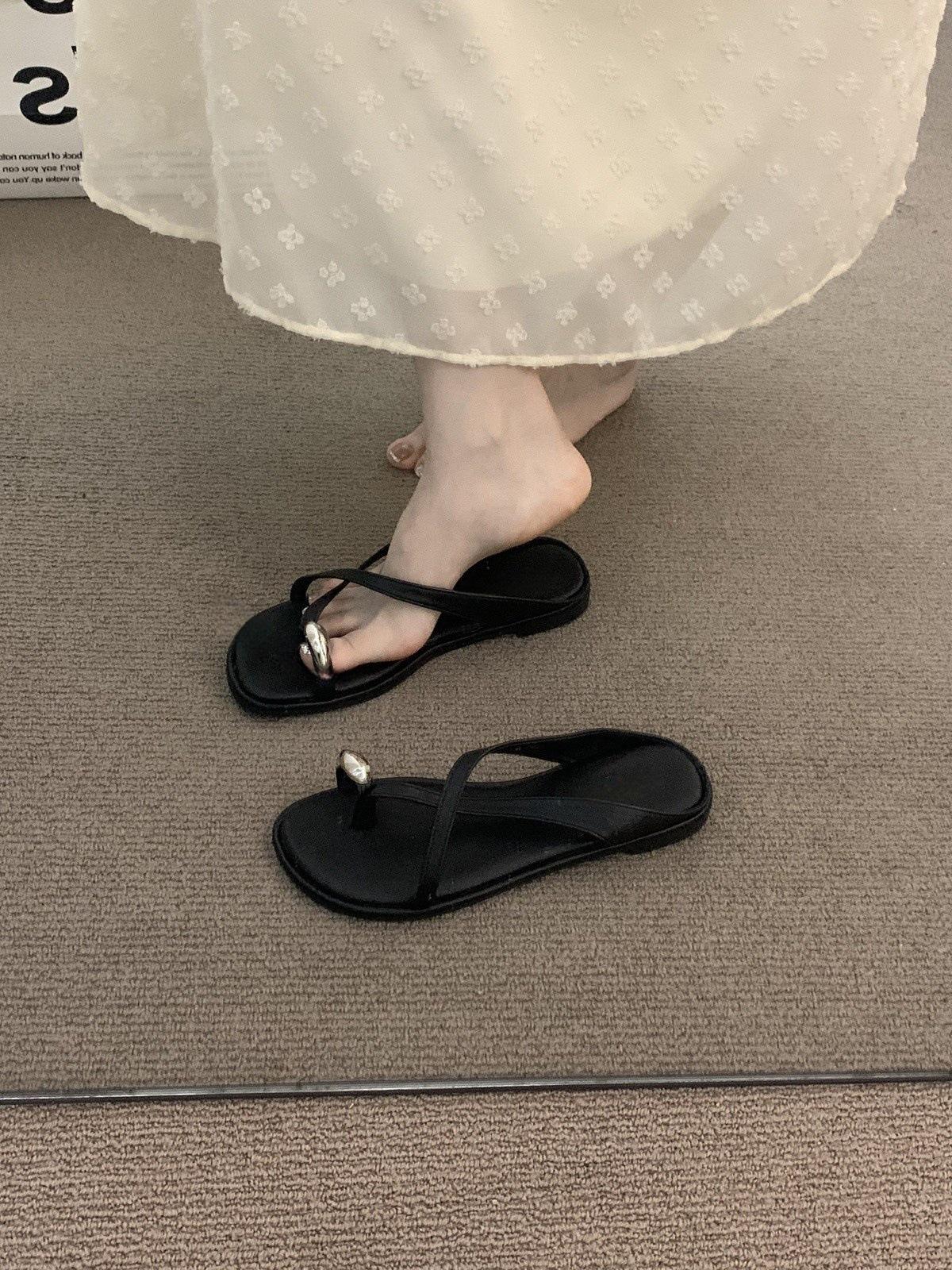 

Late evening breeze retro brown premium open-toed sandals fairy shoes 2025 new summer flat-bottomed vacation cool slippers 40 чёрный