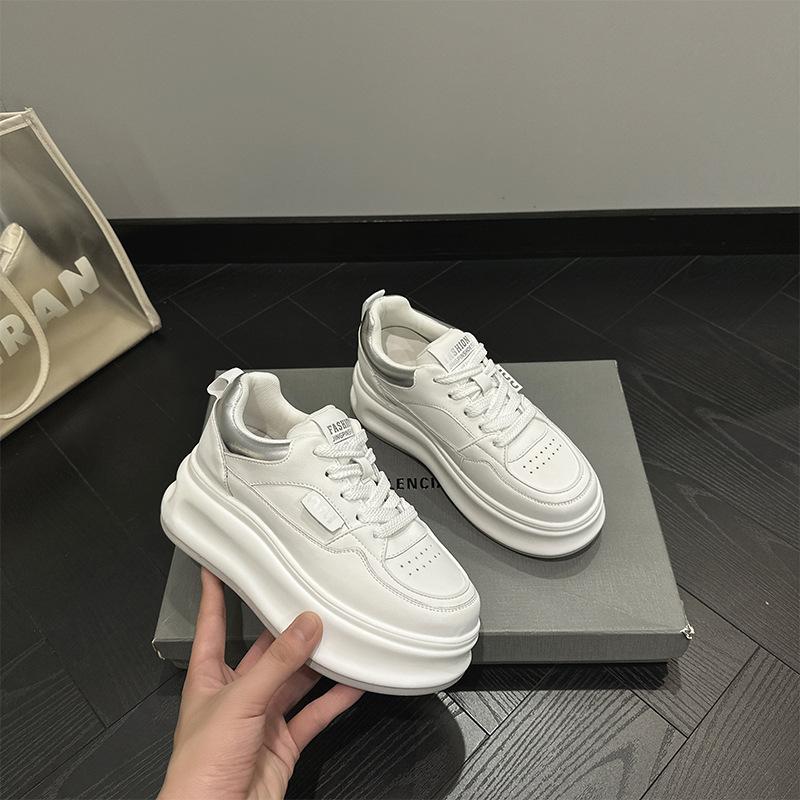 New cowhide casual shoes women's thick-soled inner height increase wear-resistant sports little white shoes women's lace-up women's shoes