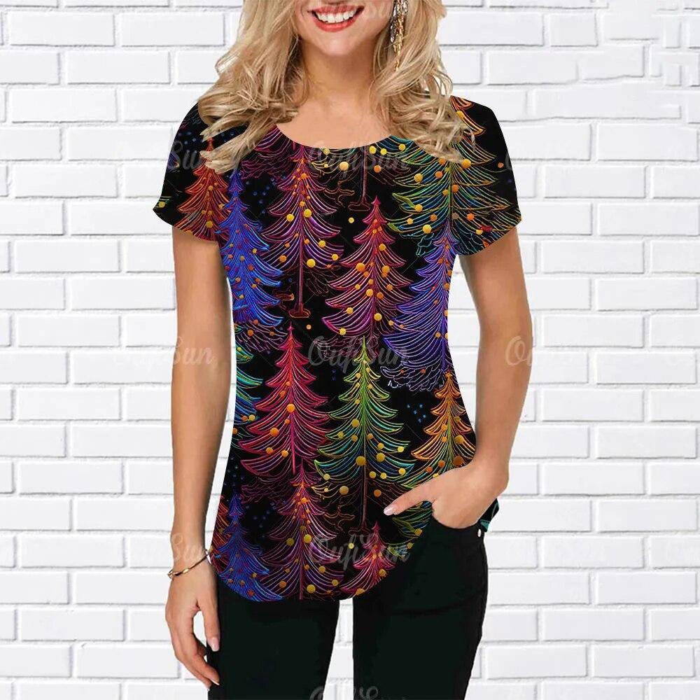 Summer Round Neck 3D Christmas Print Top Fashionable Casual Short Sleeved Women's T-shirts