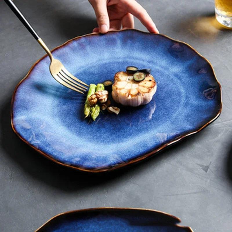 BEPAN Piatti in Ceramica Blu Scuro Piatto Piatto Irregolare Piatto di Porcellana Decorazione Domestica Stoviglie Vassoio per Stoviglie Forniture per Cucina Hotel