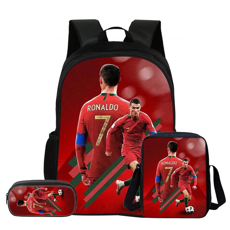 Set de 3 Piezas para Niños Mochila Estrella de Fútbol Estudiante Bolso de Hombro Escolar Bolsas para Lápices Ronaldo Mochila Escolar CR Mochila Mejor Regalo