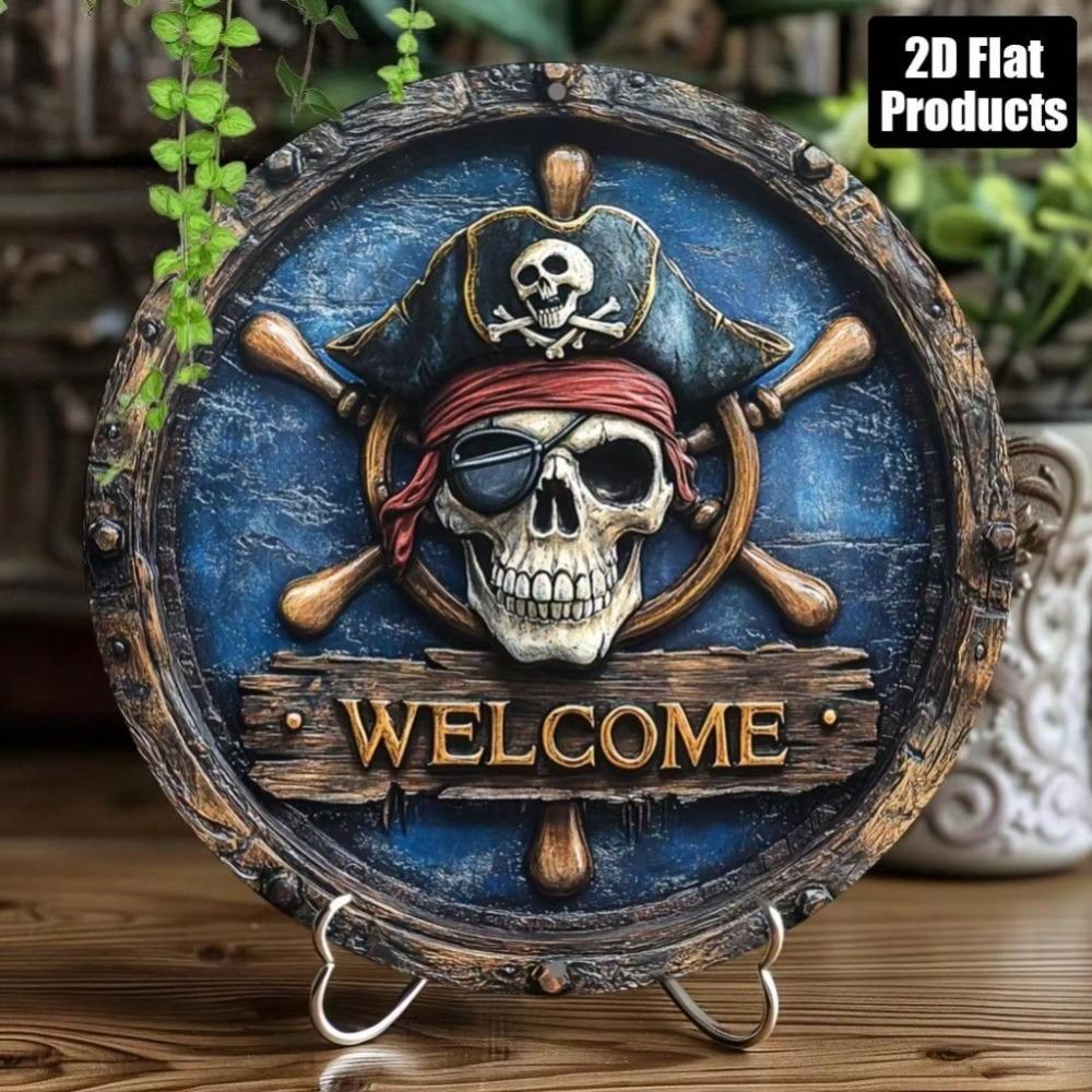 Placa Artística Redonda de Alumínio Pirata Vintage Bem-vindo Decoração de Casa Bar Café Parede