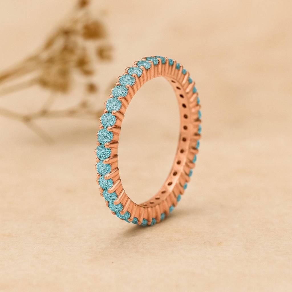 Round Aquamarine Eternity Band – Rose Gold Plated 925 Sterling Silver Full Eternity Ring – Blue Gemstone Wedding Anniversary Ring
