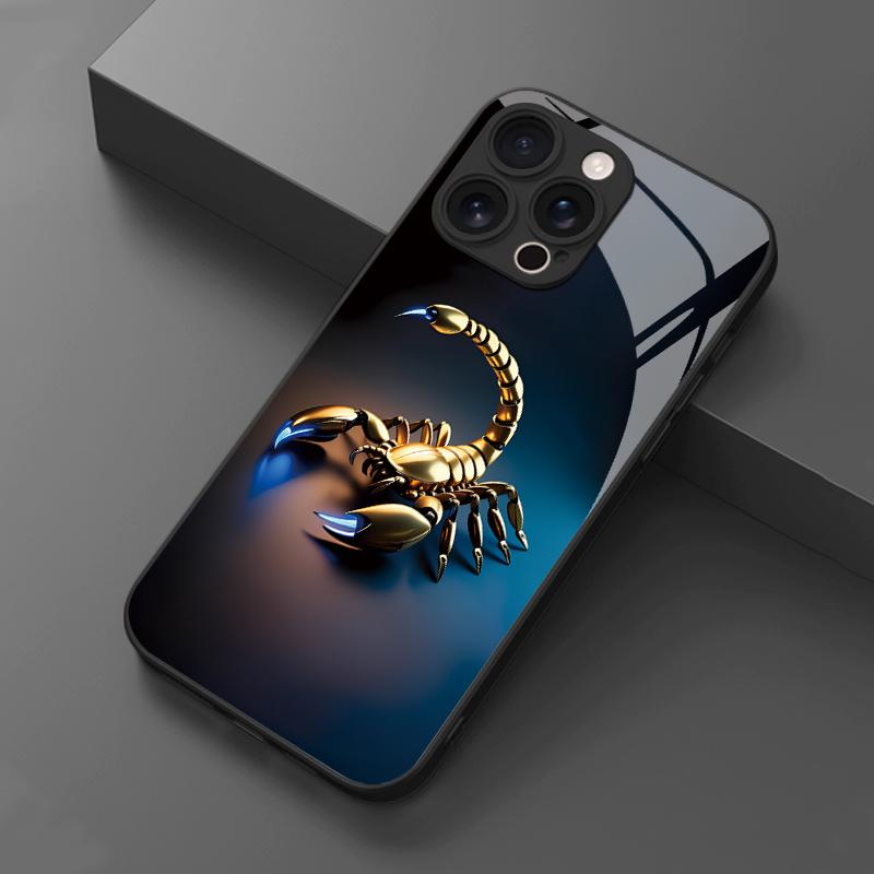 Golden scorpion pattern tempered glass phone case suitable for iPhone 17 16 15 14 13 12 11 Pro/Max/Plus anti drop and shockproof
