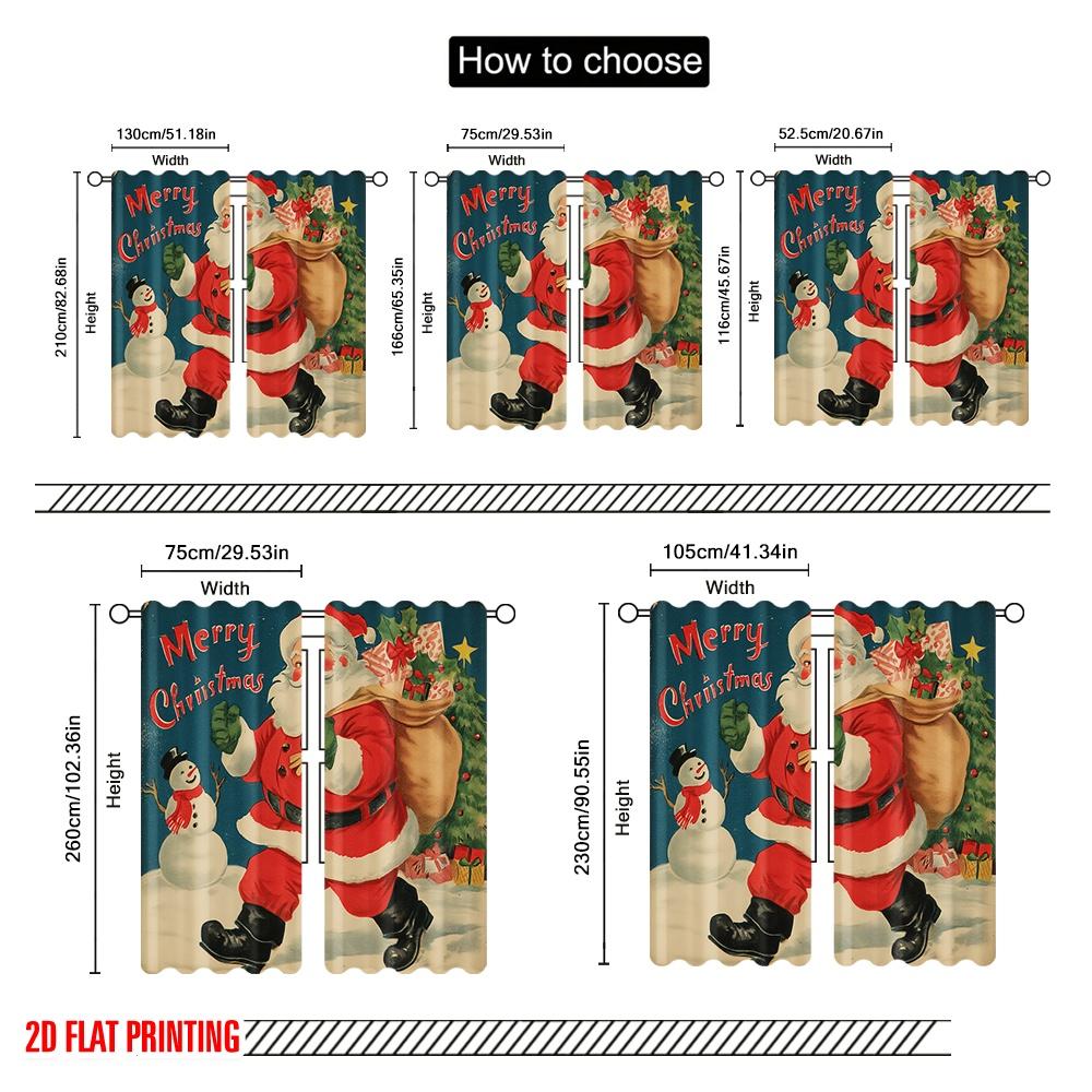 2 Stück, 2D-Flachdruckmuster Vorhänge Vintage Weihnachtsmann mit Schneemann & Baum Polyesterstoff (ohne Stange) Alle Jahreszeiten