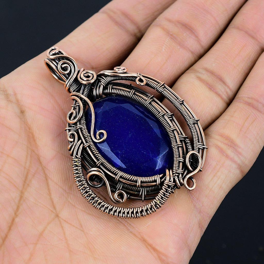 Blue Sapphire Pendant, Handmade Gemstone Pendant, 999 Copper Wire Wrapped Pendant Antique Jewelry, For Engagement Gift