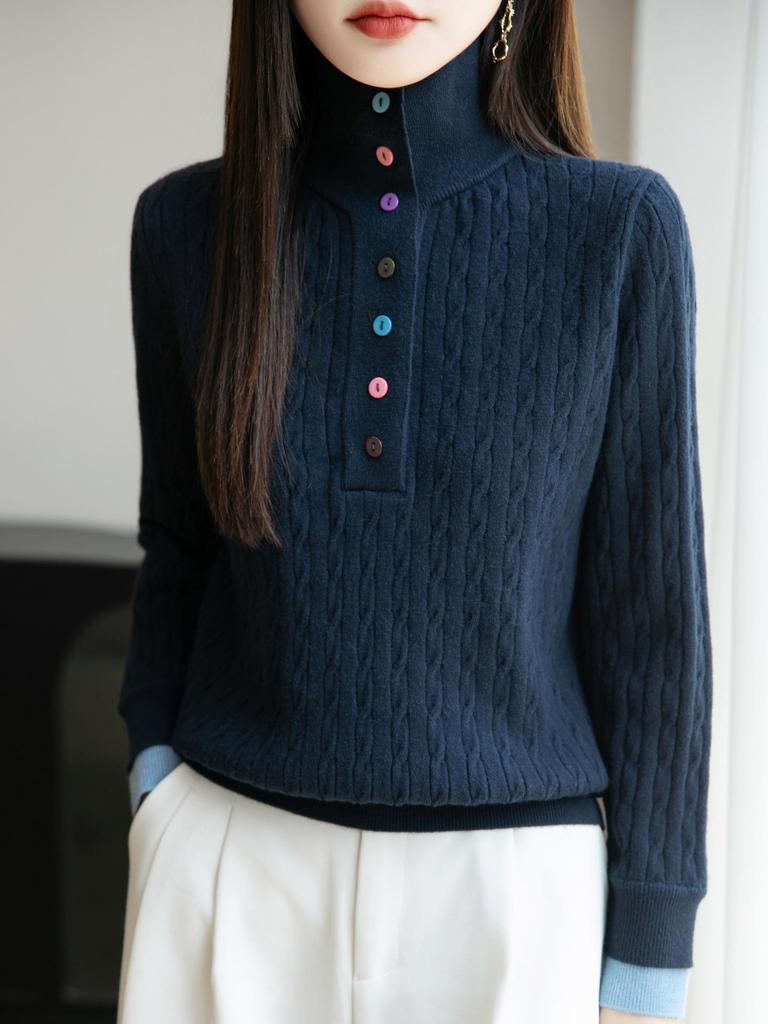 High-End Women's Retro Cable Knit Sweater: Two-Piece, Half-Open Collar, Korean Style, Autumn/Winter Slimming Knitwear