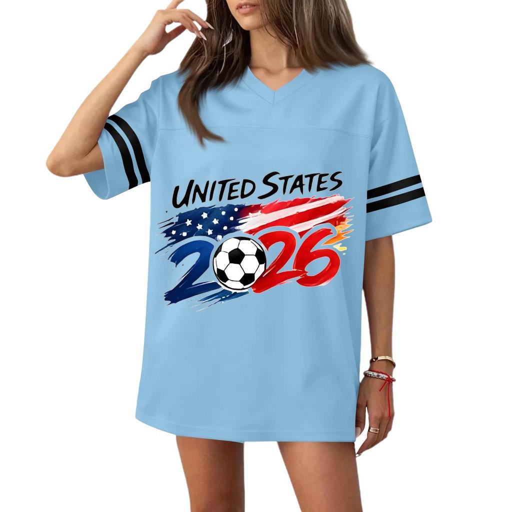 Womens V Neck Short Sleeve Soccer Graphic Tee United States Flag Print 2026 Casual Loose Fit Sports Top Shirt