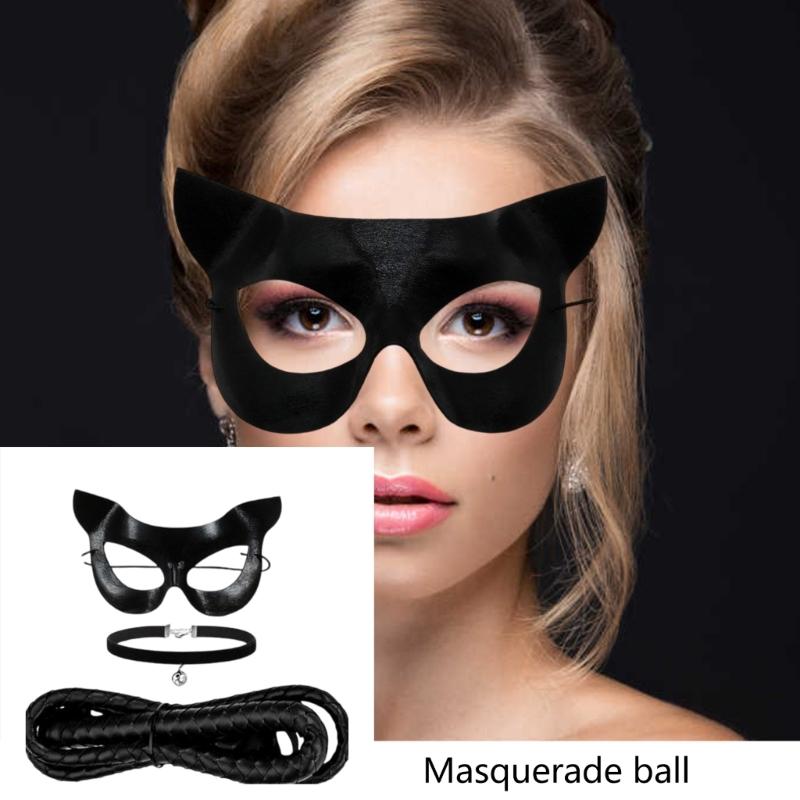 Máscara Facial de Gato Set de Collar con Cascabeles Látigo, Accesorios de Disfraces de Gato Negro para Mujeres Niñas Fiesta de Halloween Disfraces Cosplay