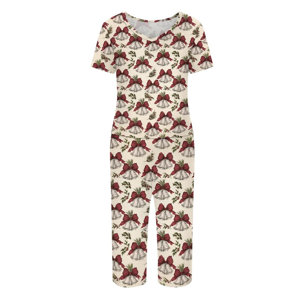 Women's Christmas Print Athletic 2 Piece Set Short Sleeve Top with Casual Pants