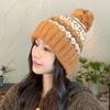 Winter new jacquard contrasting wool hat women's thickened warm windproof hat pullover hat cute hairball knitted hat