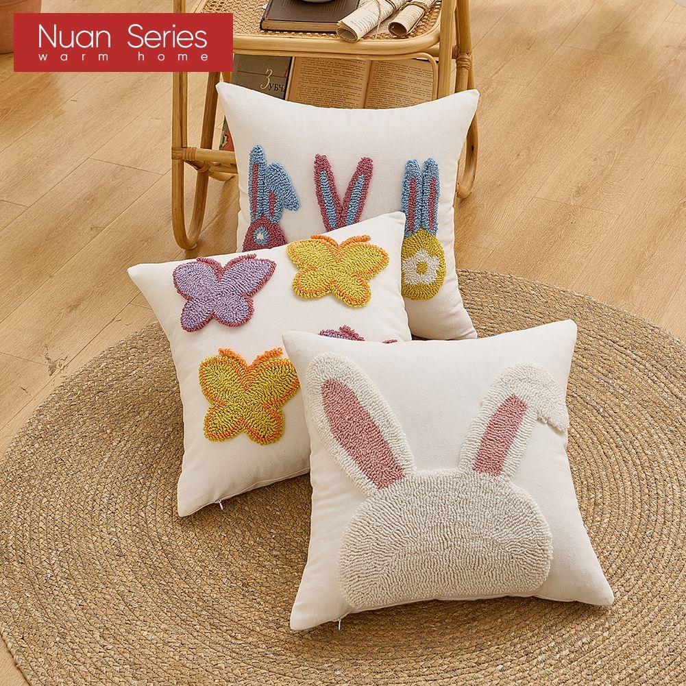 1PC Nuan Series Modern Cute Cartoon Design Plush Embroidered Pillowcase Children's Cushion Cover for Sofa Living Room Bedroom Home Decor