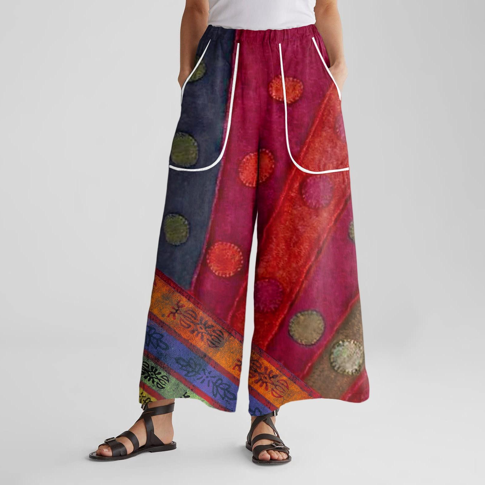 

Женские брюки широкие от бедра с эластичным поясом, ретро-принтом, большими накладными карманами, лоскутные свободные брюки M красный