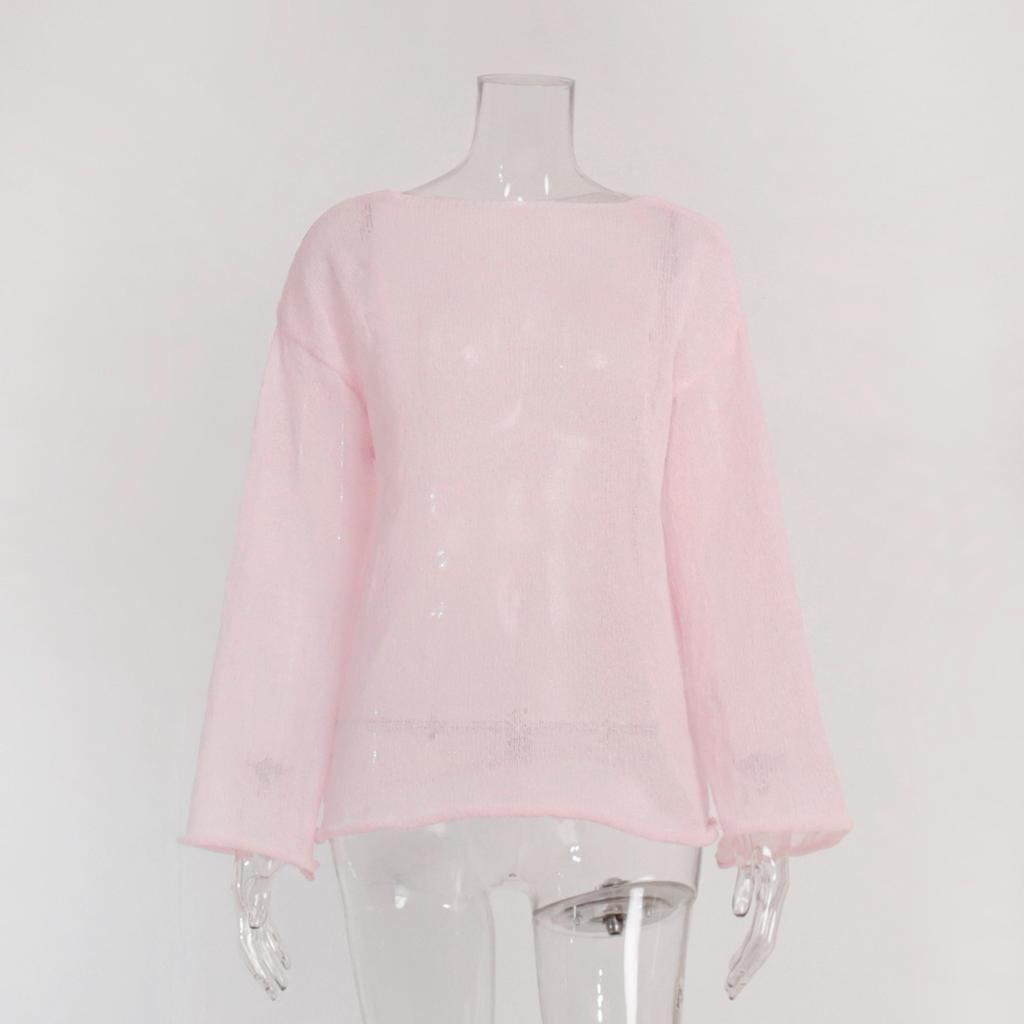 Hollow Knitted Shirt Spring/Summer Perspective Thin Large Round Neck Trumpet Sleeve Knitted T-shirt