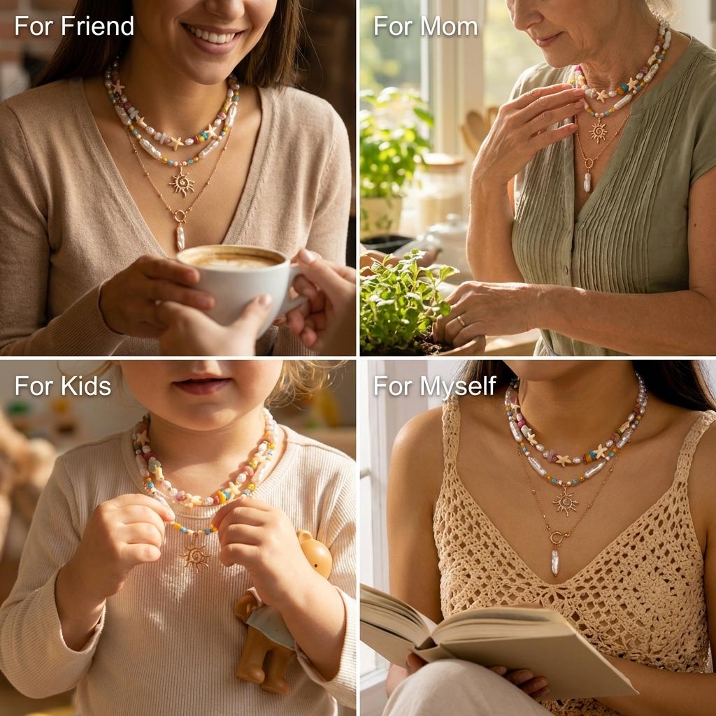 Bohemian Handgefertigter Seestern Sonne Anhänger Halskette für Damen Sommer Muschel Imitation Perle Reiskorn Perlen Choker Strandurlaub Schmuck
