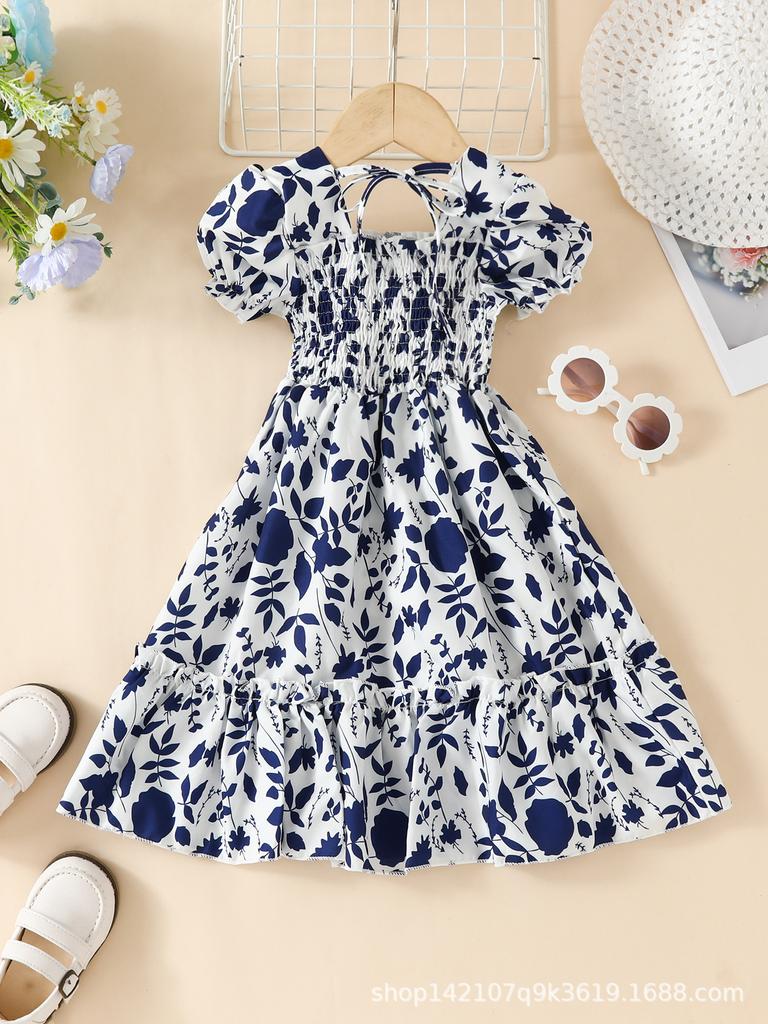 Girls Fashion Short Sleeve Dress Summer Children Sweet Fresh Floral Dress