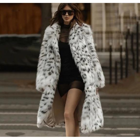 Autumn Winter New Leopard Print Fur Women's Coat Long Suit Collar Leopard Spot Imitation Fox Fur Coat