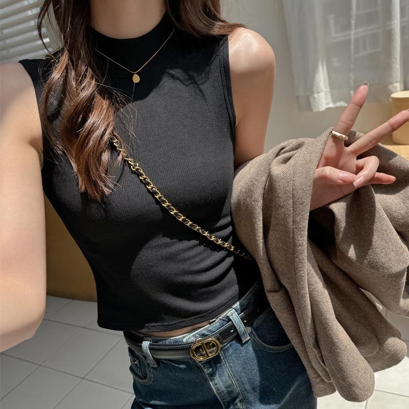 Damen formendes Tencel Tanktop mit halbem Stehkragen - Gebürstete gerade Schulter Basis-Top für Herbst/Winter