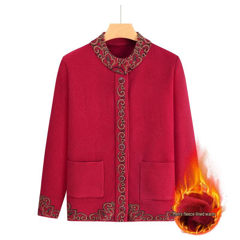 

Жіночий в язаний кардиган-пальто - Плюс оксамит, Товстий, Ідеально для осені/зими Одяг для бабусі та мами XXL (105-125 jin)