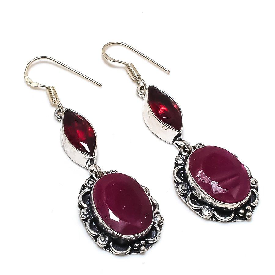 Natural Red Jade, Garnet Gemstone 925 Sterling Silver Jewelry Earring 2.36  AE-12543