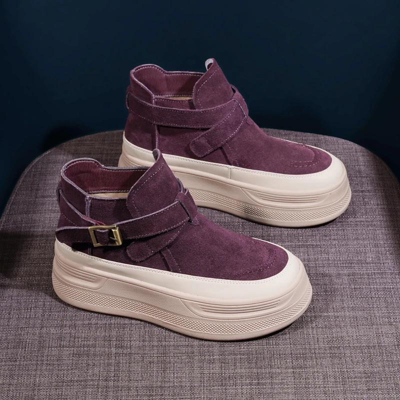 Platform Women's Short Ankle Boots Suede Belt Buckle Designer Flats Brand 2025 Trend Walking Comfort Winter Suede Sneakers