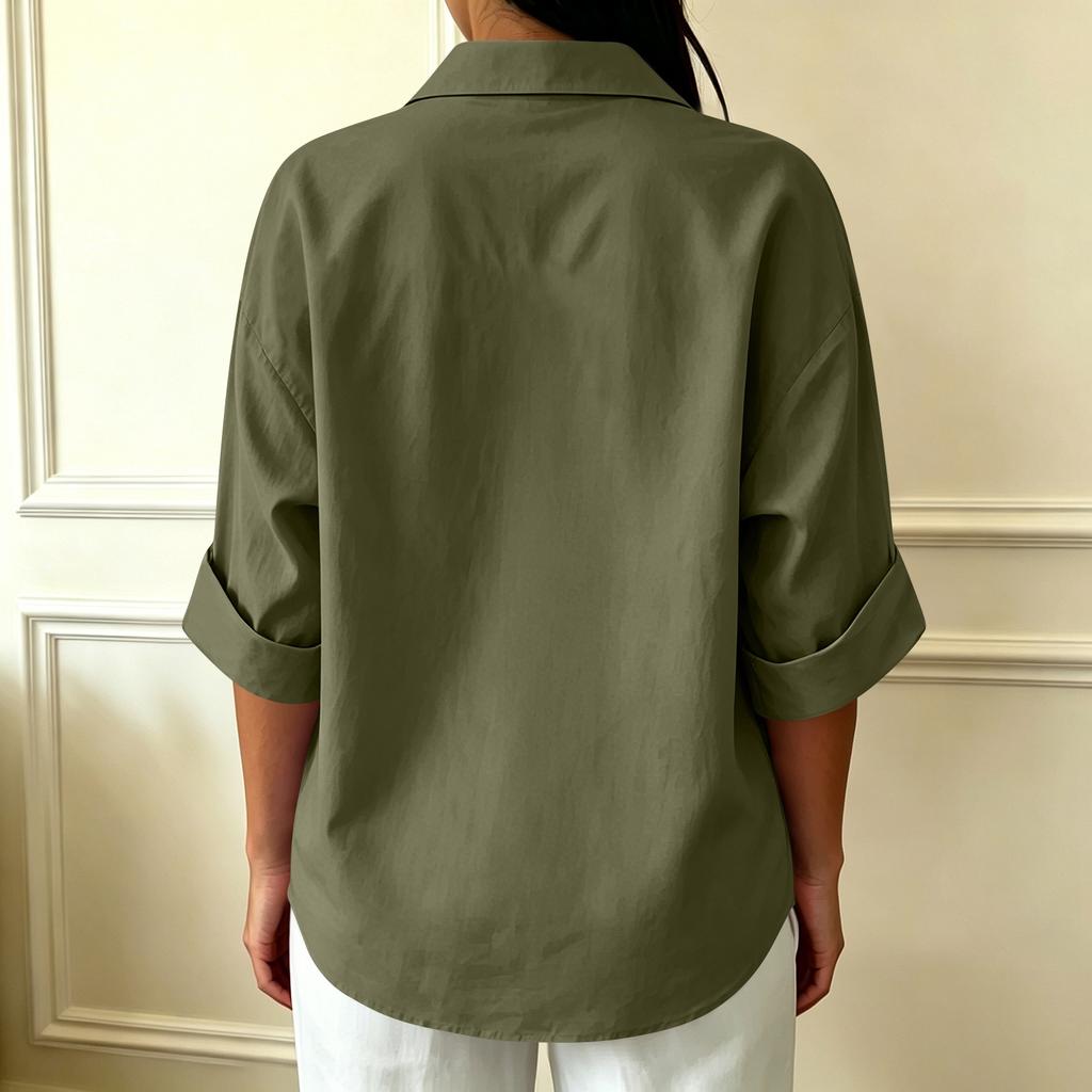 Women's Casual Loose Fit Button Down Shirt Three Quarter Sleeve Collared Blouse Lightweight Soft Fabric Relaxed Style