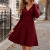 Women's Ribbed Knit Dress, V-Neck Long Sleeve A-Line with Fitted Waist for Casual Wear