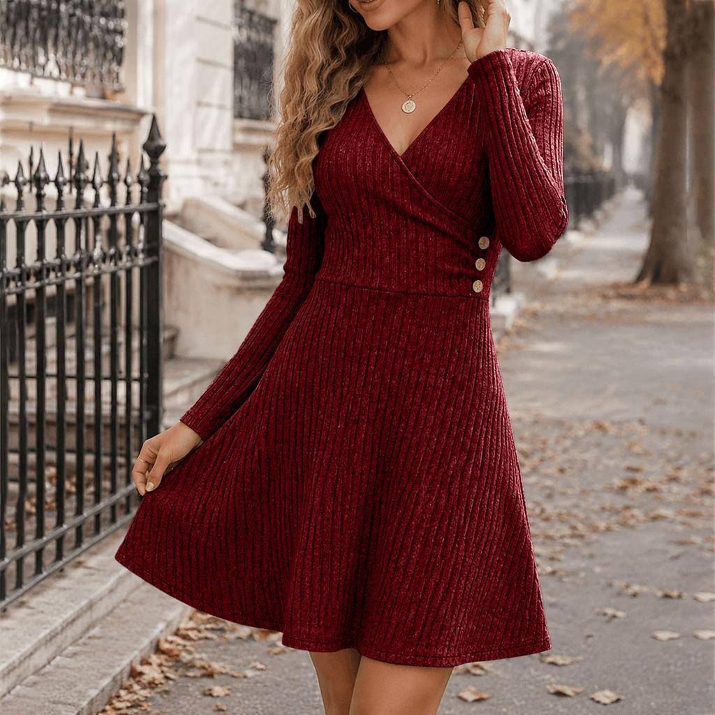 Women's Ribbed Knit Dress, V-Neck Long Sleeve A-Line with Fitted Waist for Casual Wear