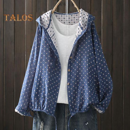 Women Spring Autumn Coat Hooded Drawstring Hem Long Sleeve Printing Loose Zipper Closure Jacket with Pockets Daily Wear Commuting Outerwear