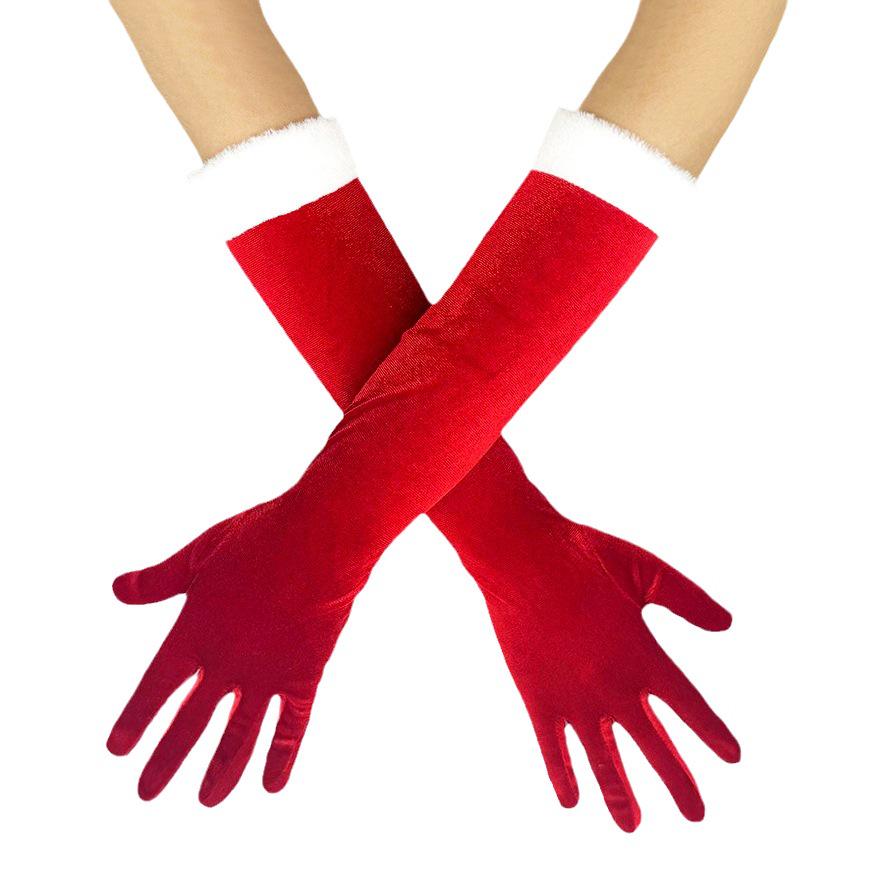 Women's Red Christmas Gold Velvet Gloves with White Fuzz - Warm Holiday Party Accessory