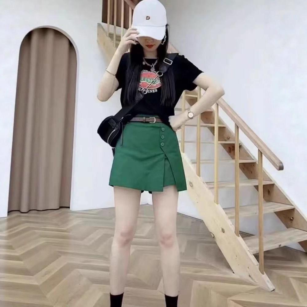 Khaki Women's Summer Workwear Skort - European Style, Slimming, Versatile, Elastic High-Waist, Mid-Calf Split.