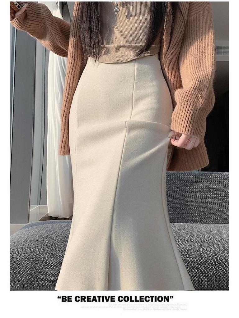 High Waist Woolen Fishtail Skirt - Autumn/Winter 2026, Slimming A-Line Long Skirt for Women.