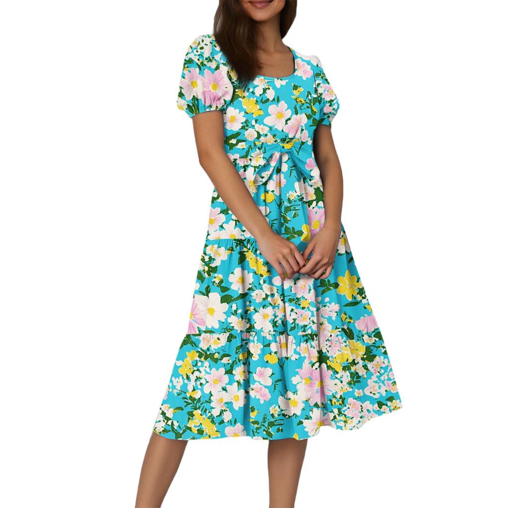 Women's Summer Floral Print Short Sleeves Neck Waistband Bohemian Flowy Layered Maxi Dress With Pockets