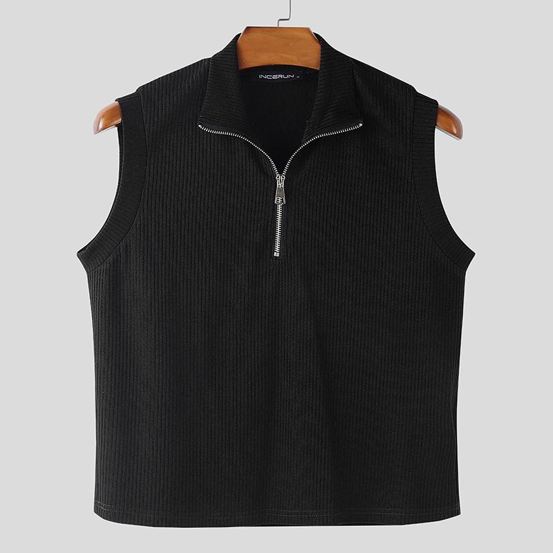 INCERUN Men Sleeveless Zip-up Lapel Neck Rib Cropped Cargo Crop Tank Tops S