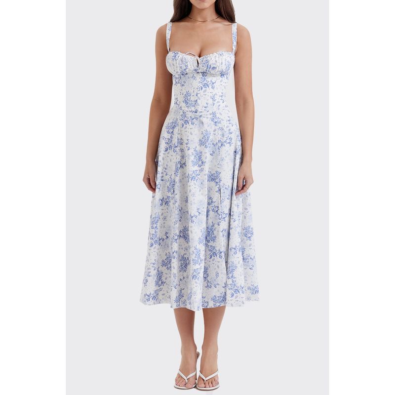 European and American Pastoral Style Sexy Square Collar Lace-up Small Floral Print Slim fit Puff sleeve Temperament High Slit Dress Women