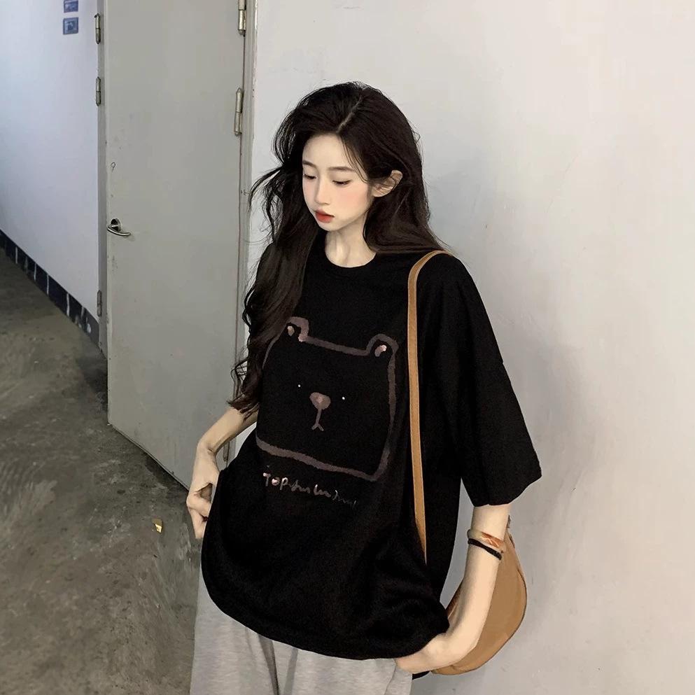 Large size fat MM lazy Hong Kong style bear print short-sleeved T-shirt women's pure cotton loose medium and long front shoulder couple top
