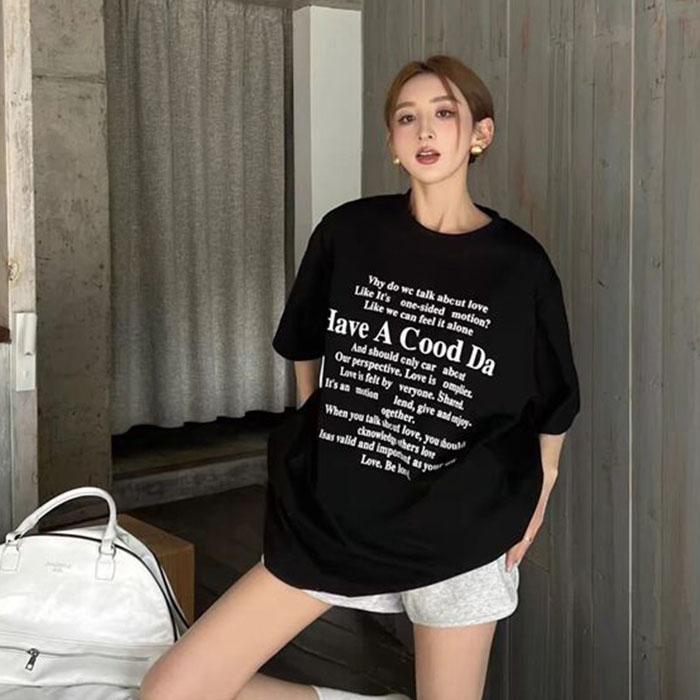 Ladies Summer Short Sleeve Round Collar Casual Letter Printed Teenager Pullover Oversize Cotton T Shirt Top