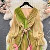 Kadın Örgü Parti Uzun Elbise V Boyun Uzun Kollu Degrade Dantel Up A Line Sundress Moda Bohe Pilili Maxi Elbise