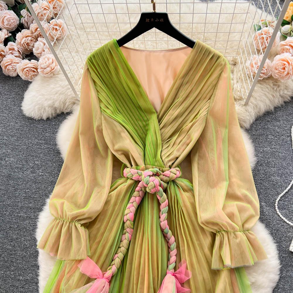 Kadın Örgü Parti Uzun Elbise V Boyun Uzun Kollu Degrade Dantel Up A Line Sundress Moda Bohe Pilili Maxi Elbise