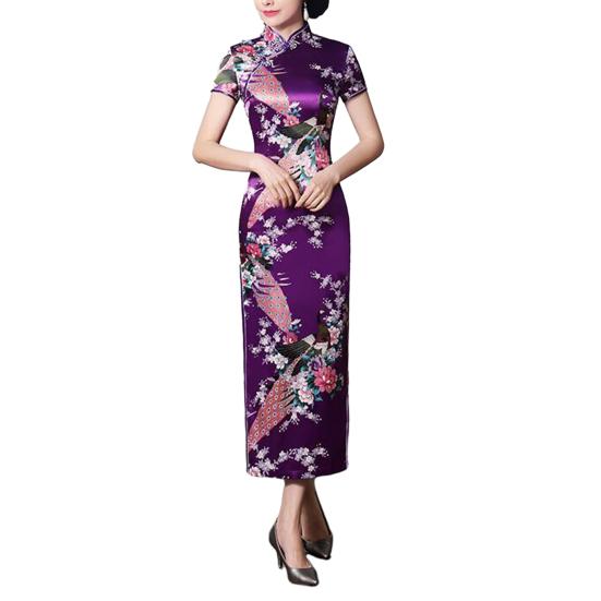 Women Dress Chinese National Style Floral Print Stand Collar Short Sleeves High Side Split Chinese Knot Buttons Cheongsam Satin Silky Slim Fit Summer