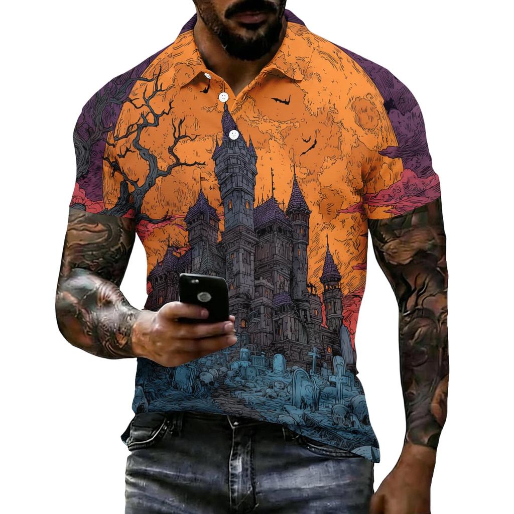 Men's Halloween Print Vintage Texture Short Sleeve Polo Shirt Loose Breathable Summer Sports Street Casual Daily Wear Top