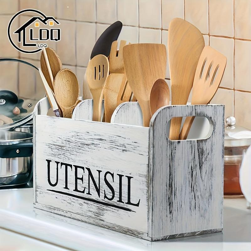 Rural wooden kitchen utensil rack -3-compartment countertop storage for silverware and cooking tools